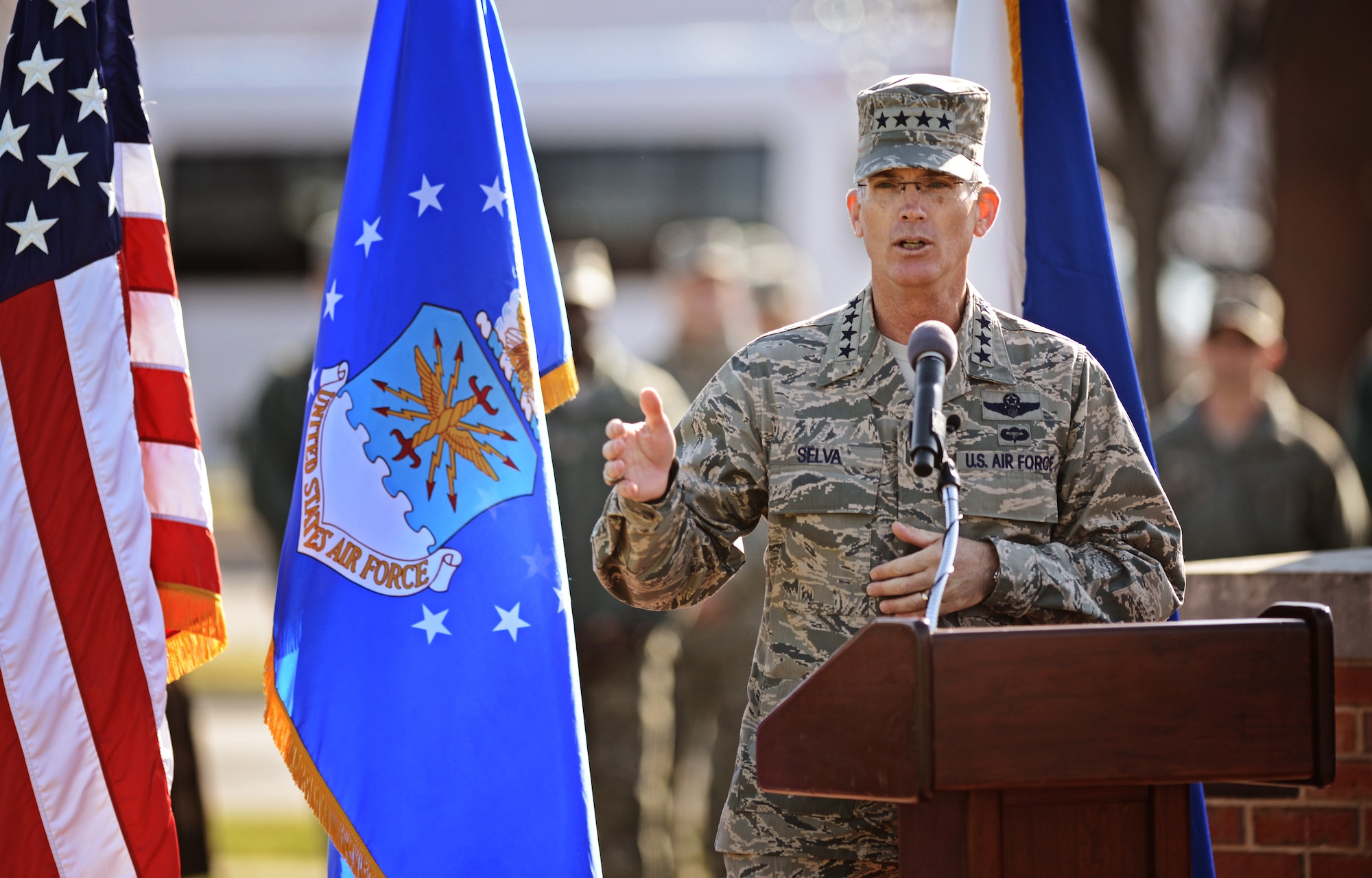 Gen. Paul J. Selva, Air Mobility Command commander, gives his incoming speech during the change of command ceremony at Scott Air Force Base Nov. 30, 2012. Selva was previously assigned as the assistant to the Chairman of the Joint Chiefs of Staff in Washington D.C. The outgoing commander, Gen. Raymond E. Johns Jr. served 35 years in the Air Force, commanding more than 130,000 Airmen as well as reaching 4,500 flight hours in various aircraft. (U.S. Air Force photo/ Staff Sgt. Ryan Crane)