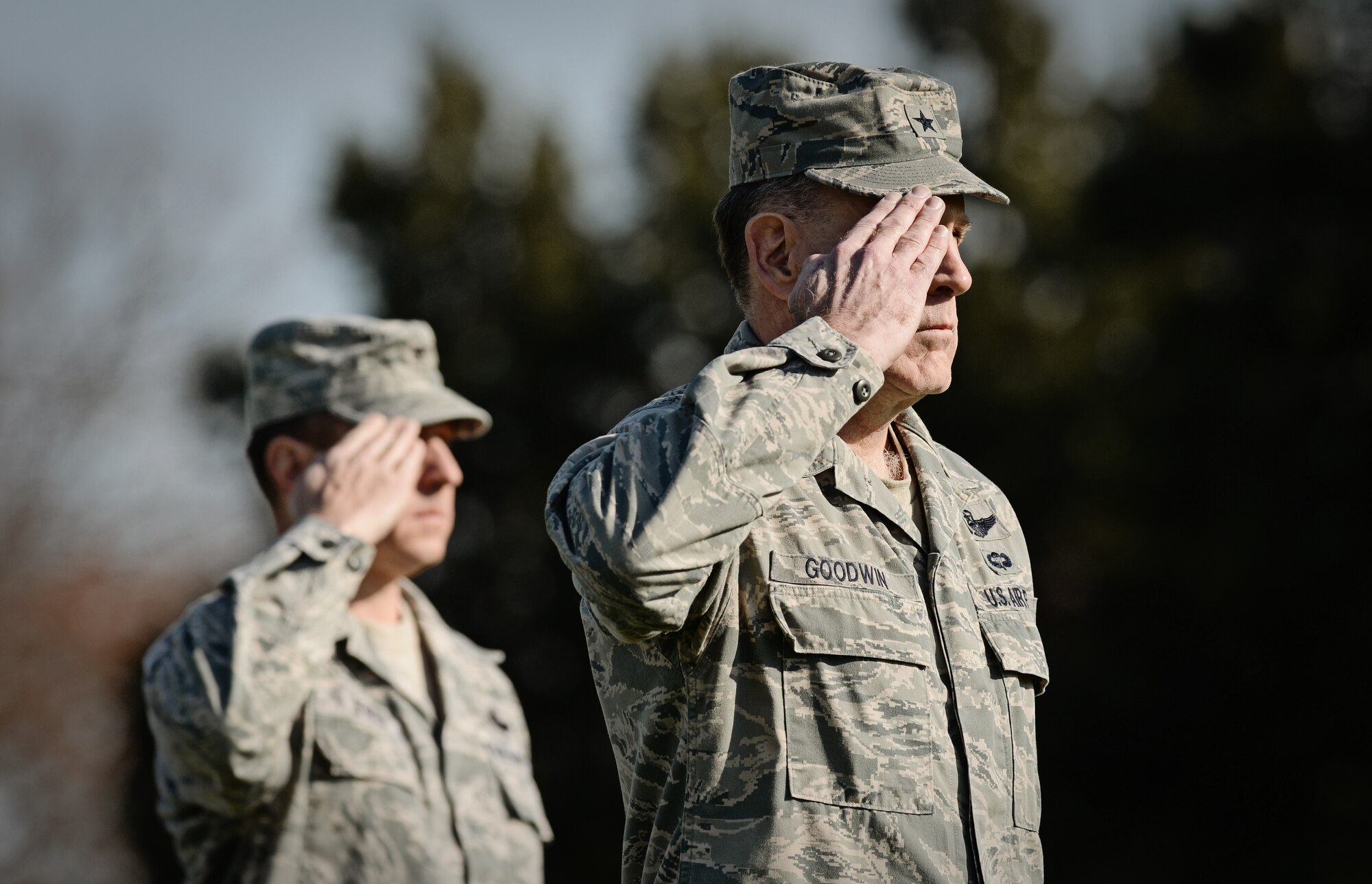 Brig. Gen. Scott Goodwin, formation commander, reports to Gen. Mark A. Welsh III, Chief of staff of the Air Force, during the Air Mobility Command change of command ceremony at Scott Air Force Base, Nov. 30, 2012.  Welsh presided over the transition from Gen. Raymond E. Johns Jr. to Gen. Paul J Selva. Johns served 35 years in the Air Force, commanding more than 130,000 Airmen as well as reaching 4,500 flight hours in various aircraft. The incoming AMC commander, Selva, was previously assigned as the assistant to the Chairman of the Joint Chiefs of Staff in Washington D.C. (U.S. Air Force photo/ Staff Sgt. Ryan Crane)