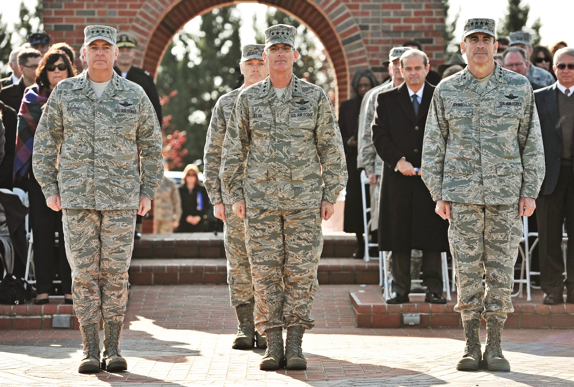 Gen. Paul J. Selva, Air Mobility Command commander, faces the formation after accepting the guidon from Gen. Mark A. Welsh III, Chief of staff of the Air Force, during the change of command ceremony at Scott Air Force Base, Nov. 30, 2012. Selva was previously assigned as the assistant to the Chairman of the Joint Chiefs of Staff in Washington D.C. The outgoing commander, Gen. Raymond E. Johns Jr., served 35 years in the Air Force, commanding more than 130,000 Airmen as well as reaching 4,500 flight hours in various aircraft. (U.S. Air Force photo/ Staff Sgt. Ryan Crane)