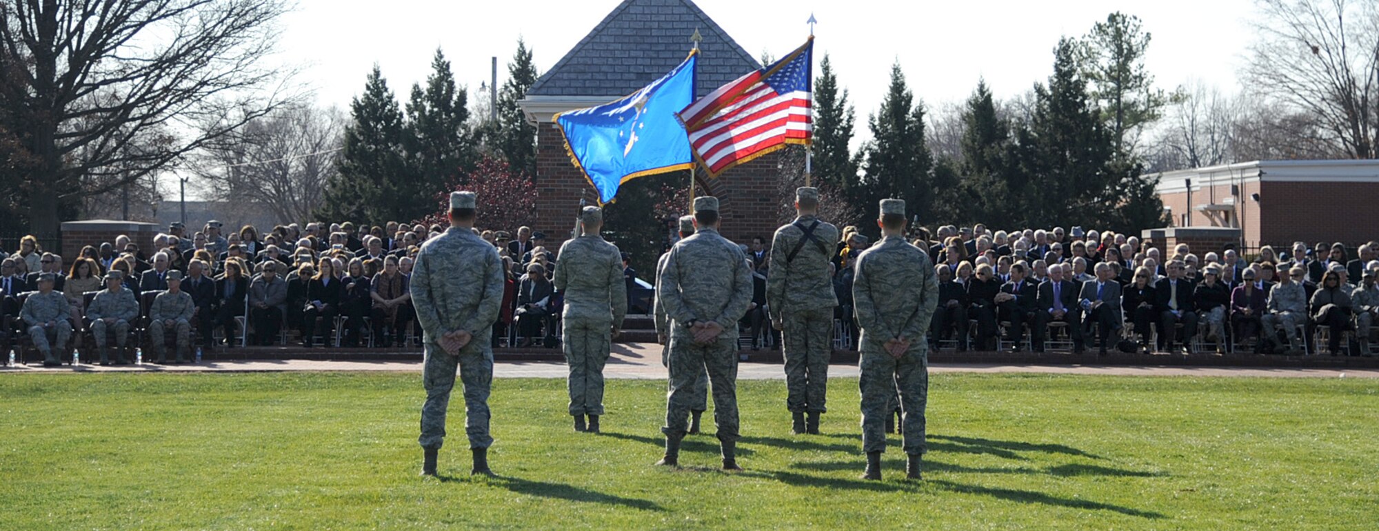 The Scott Air Force Base Honor Guard presents the colors, during the change of command ceremony at Scott Air Force Base, Nov. 30, 2012. The incoming AMC commander, Gen. Paul J. Selva  was previously assigned as the assistant to the Chairman of the Joint Chiefs of Staff in Washington D.C. The outgoing commander, Gen. Raymond E. Johns Jr., served 35 years in the Air Force, commanding more than 130,000 Airmen as well as reaching 4,500 flight hours in various aircraft. (U.S. Air Force photo/ Senior Airman Tristin English)