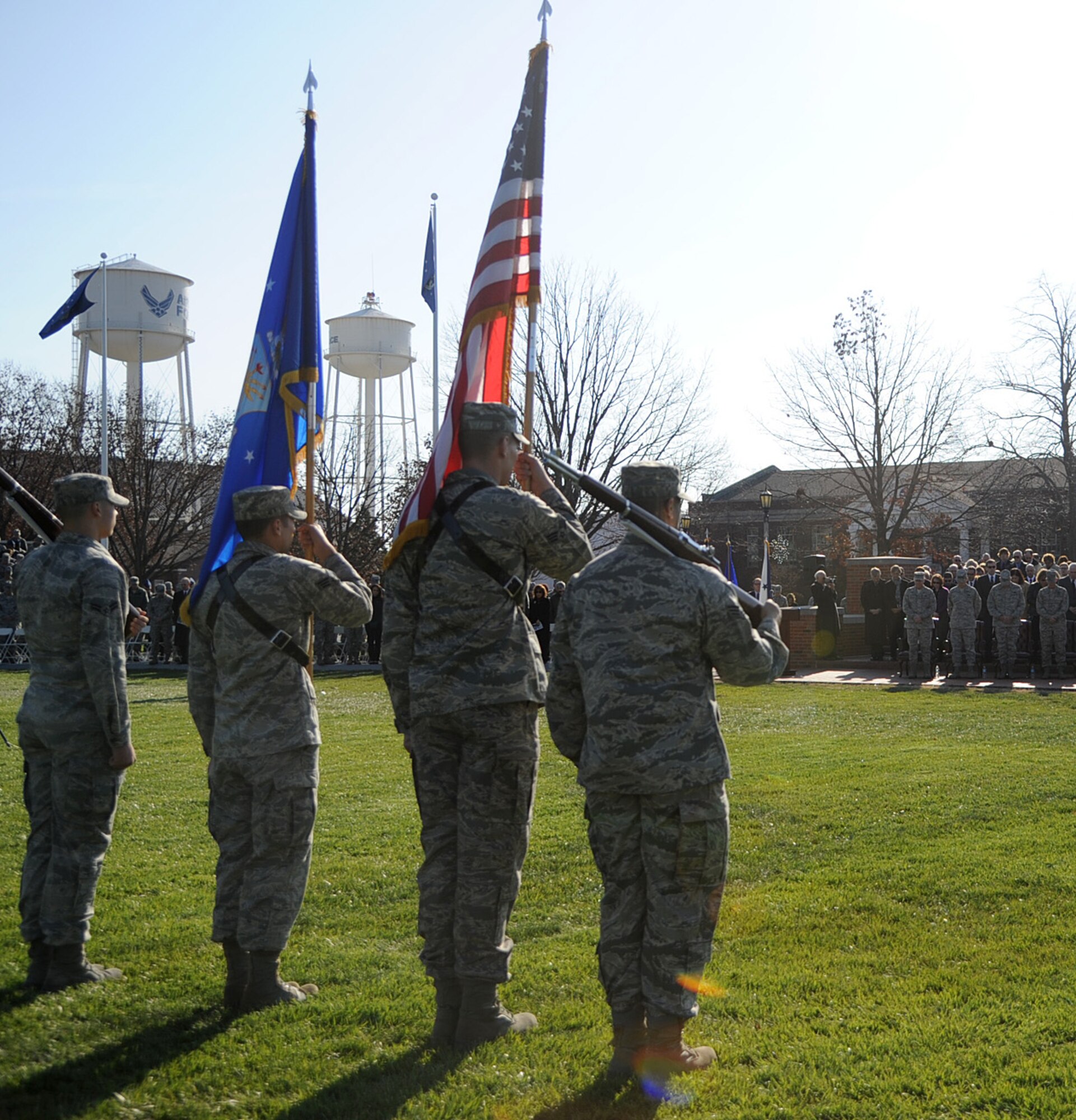 The Scott Air Force Base Honor Guard presents the colors, during the change of command ceremony at Scott Air Force Base, Nov. 30, 2012. The incoming AMC commander, Gen. Paul J. Selva  was previously assigned as the assistant to the Chairman of the Joint Chiefs of Staff in Washington D.C. The outgoing commander, Gen. Raymond E. Johns Jr., served 35 years in the Air Force, commanding more than 130,000 Airmen as well as reaching 4,500 flight hours in various aircraft. (U.S. Air Force photo/ Senior Airman Tristin English)