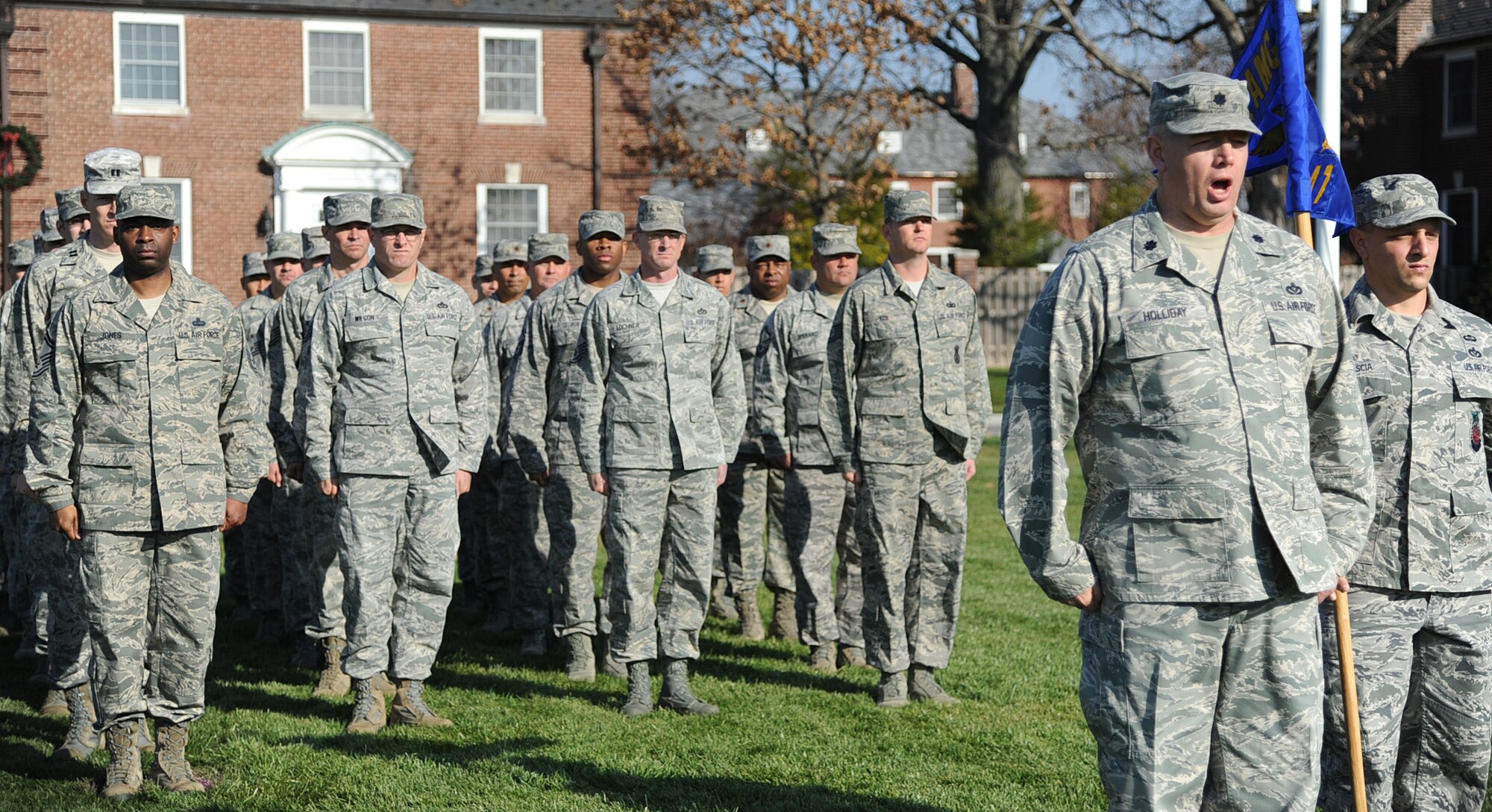 Squadrons prepare for a pass and review during the change of command ceremony at Scott Air Force Base Nov. 30, 2012. The incoming AMC commander, Gen. Paul J. Selva was previously assigned as the assistant to the Chairman of the Joint Chiefs of Staff in Washington D.C. The outgoing commander, Gen. Raymond E. Johns Jr. served 35 years in the Air Force, commanding more than 130,000 Airmen as well as reaching 4,500 flight hours in various aircraft. (U.S. Air Force photo/ Senior Airman Tristin English)