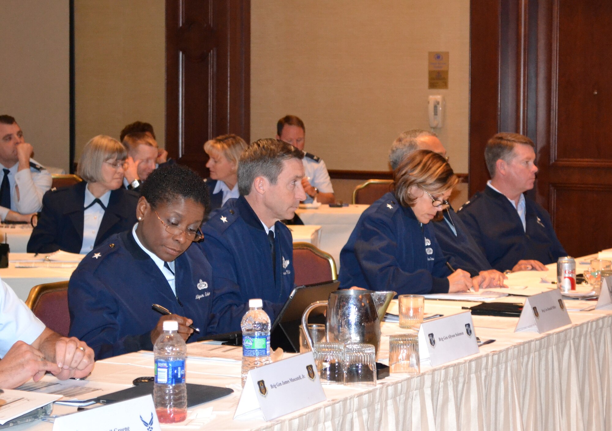 Brig. Gen. Allyson Solomon, Maryland Assistant Adjutant General-Air, Brig. Gen. Ronald Miller, Commander, 301st Fighter Wing, Naval Air Station Fort Worth Joint Reserve Base Carswell Field, Texas, Brig. Gen. Gina Grosso, Director of Force Management Policy, Headquarters U. S. Air Force Pentagon, and Maj. Gen. John Nichols, Adjutant General of Texas, participate during the Air Reserve Forces Policy Committee during their meeting in the National Capital Region Nov 5-7, 2012. The ARFPC allows Active, Guard and Reserve leaders to streamline current policies and influence the development of new ones. (U.S. Air Force photo)