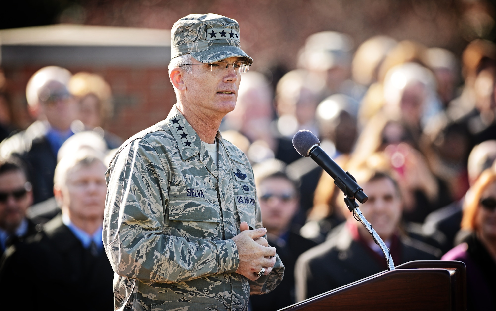 Gen. Paul J. Selva, Air Mobility Command commander, gives his incoming speech during the change of command ceremony at Scott Air Force Base, Ill., Nov. 30, 2012. Selva was previously assigned as the assistant to the Chairman of the Joint Chiefs of Staff in Washington D.C. The outgoing commander, Gen. Raymond E. Johns Jr. served 35 years in the Air Force, commanding more than 130,000 Airmen as well as reaching 4,500 flight hours in various aircraft. (U.S. Air Force photo/Staff Sgt. Ryan Crane)