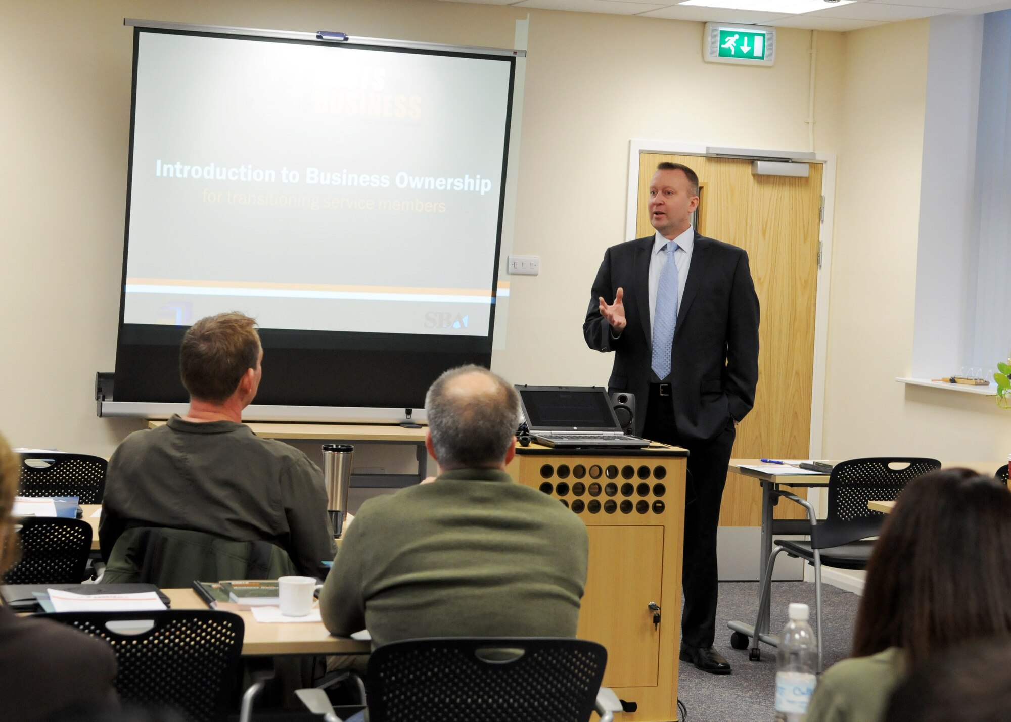 Mike Haynie, Ph. D, Syracuse University Department of Entrepreneurship and Emerging Enterprises Whitman School of Management assistant professor Entrepreneurship, speaks during Boots to Business Nov. 28, 2012, at RAF Mildenhall, England.  The goals of the class are to: assist participants in understanding the steps, stages and activities related to launching and growing a business as a post-military career; help participants understand how business ownership might align with their own personal strength and life goals; and provide introductory training and orientation to the fundamental tools and strategies associated with executing on plans to launch a new business. (U.S. Air Force photo by Staff Sgt. Tabitha M. Lee/Released)