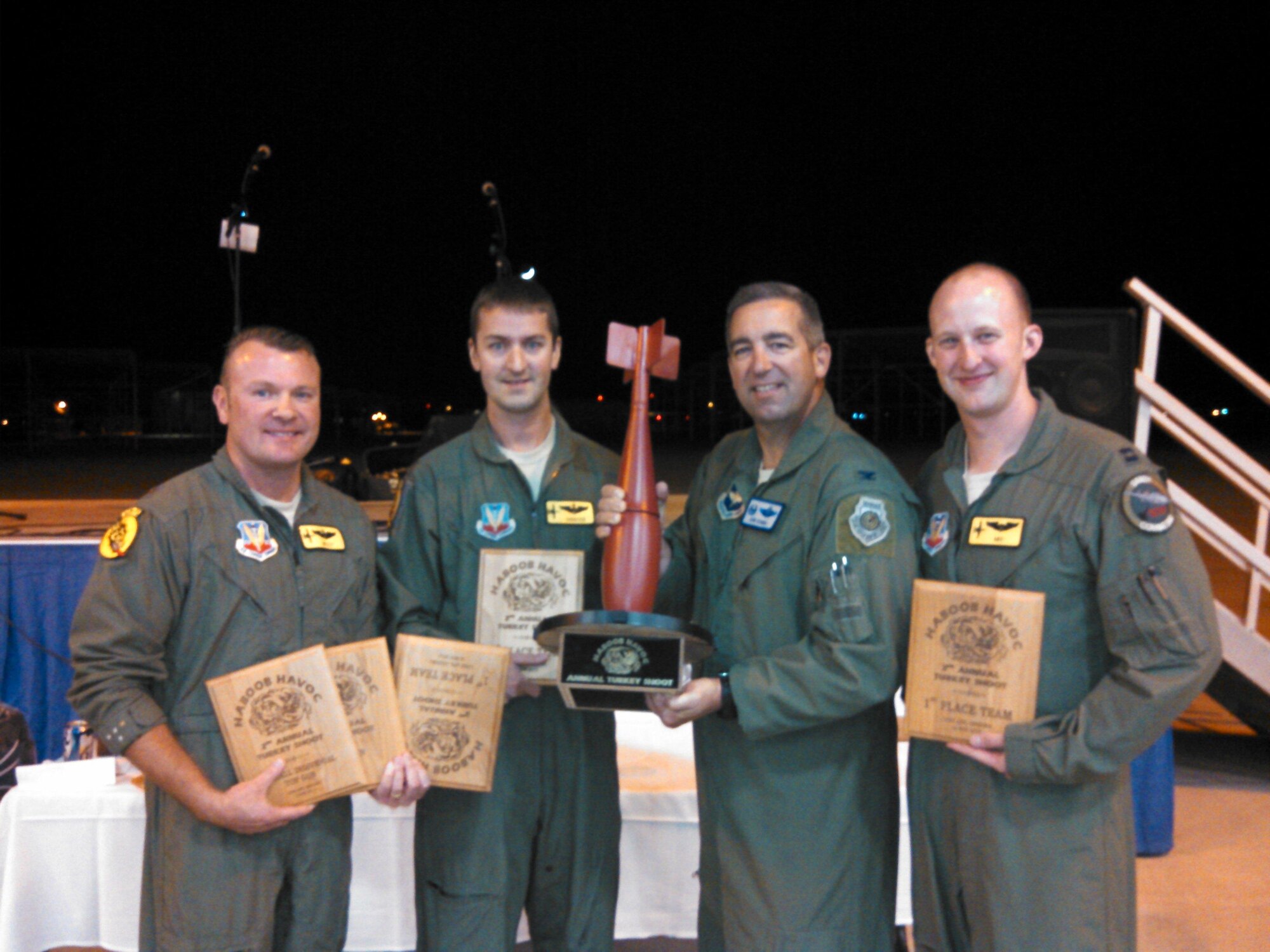 U.S. Air Force pilots from the 357th Fighter Squadron pose for a photo with awards won after the bombing competition ‘Haboob Havoc’ at Luke Air Force Base, Ariz. The team was the only A-10 unit who attended the competition and won best overall team. (Courtesy photo) 