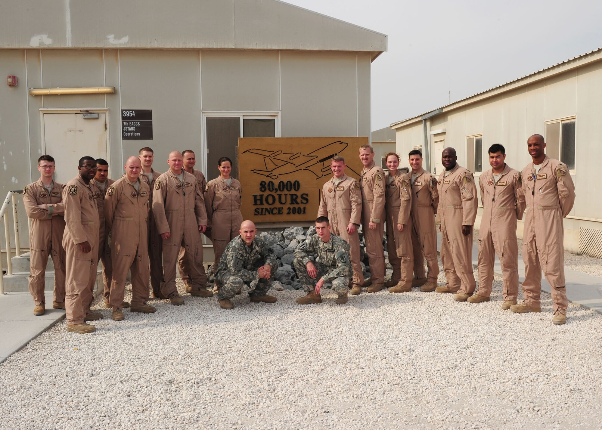 SOUTHWEST ASIA – The 7th Expeditionary Air Command and Control Squadron completed 80,000 combat hours Nov. 29 supporting operations across the area of responsibility over the last 11 years. The crew flew a Joint Surveillance and Target Attack Radar System E-8C aircraft. (U.S. Air Force photo/Master Sgt. Brendan Kavanaugh)