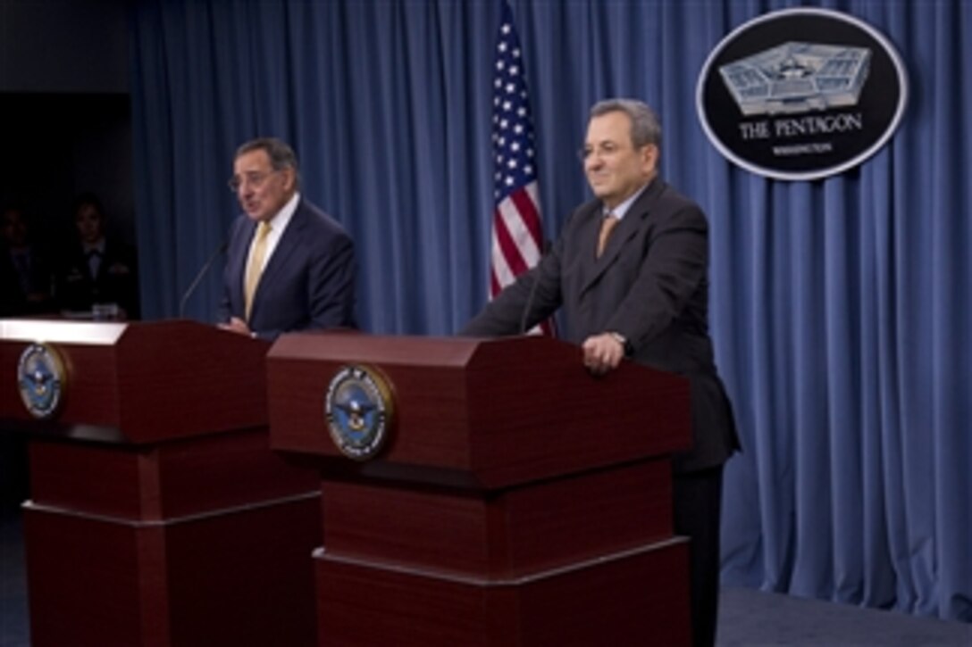 Secretary of Defense Leon E. Panetta, left, and Israeli Minister of Defense Ehud Barak hold a joint press conference in the Pentagon on Nov. 29, 2012.  Panetta and Barack met earlier to meet to discuss national and regional security items of interest to both nations.  