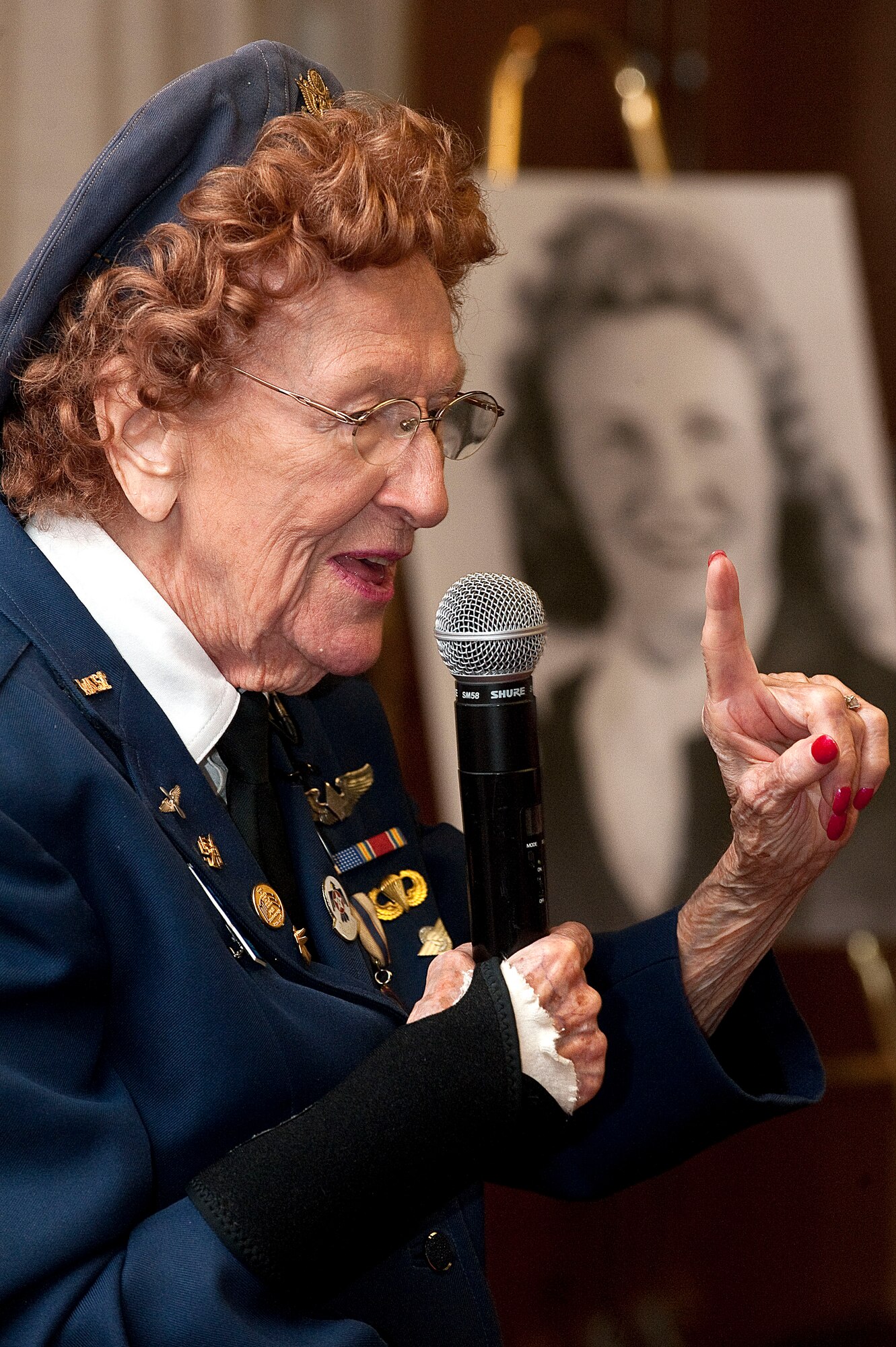 Betty Wall Strohfus, a WWII Women Airforce Service Pilot, talks about her life and experiences as a WASP pilot during a distinguished visit Sept. 27, 2012, at Nellis Air Force Base, Nev. Strohfus was able to experience the changes Nellis AFB has gone through since she was stationed here when it was called the Las Vegas Army Airfield from 1943-44. (U.S. Air Force photo by Staff Sgt. Christopher Hubenthal)