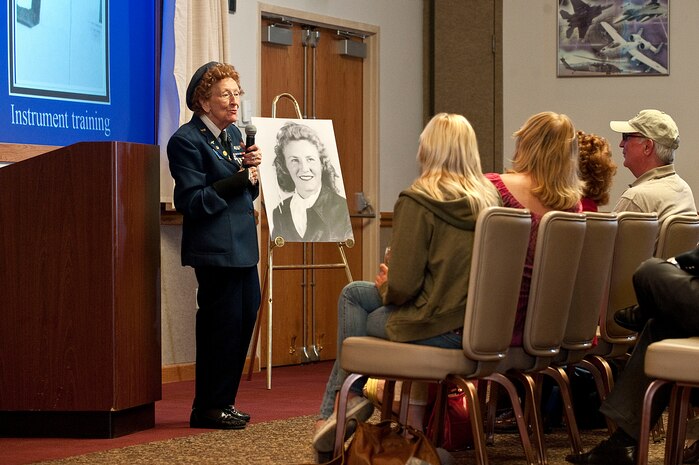 Betty Wall Strohfus, a WWII Women Airforce Service Pilot, talks about her life and experiences as a WASP pilot with Airmen and family during a distinguished visit Sept. 27, 2012, at Nellis Air Force Base, Nev. Strohfus was able to experience the changes Nellis AFB has gone through since she was stationed here when it was called the Las Vegas Army Airfield from 1943-44. (U.S. Air Force photo by Staff Sgt. Christopher Hubenthal)