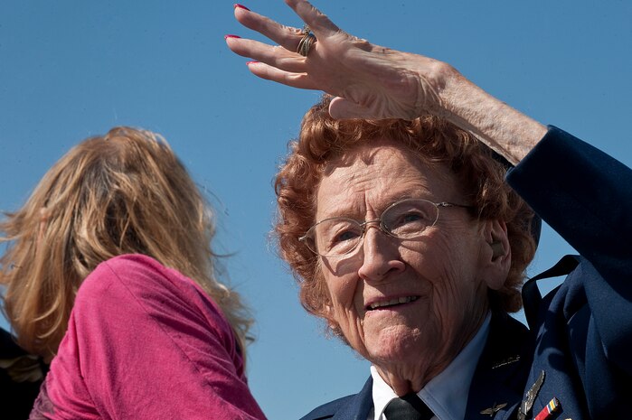Betty Wall Strohfus, a WWII Women Airforce Service Pilot, watches a U.S. Air Force Aerial Demonstration Squadron "Thunderbirds,"  F-16 Fighting Falcon, take-off during a distinguished visit Sept. 27, 2012, at Nellis Air Force Base, Nev. Strohfus visited the Thunderbird Hangar, the Air Traffic Control Tower, and spoke with Airmen about her experiences during her visit. (U.S. Air Force photo by Staff Sgt. Christopher Hubenthal)