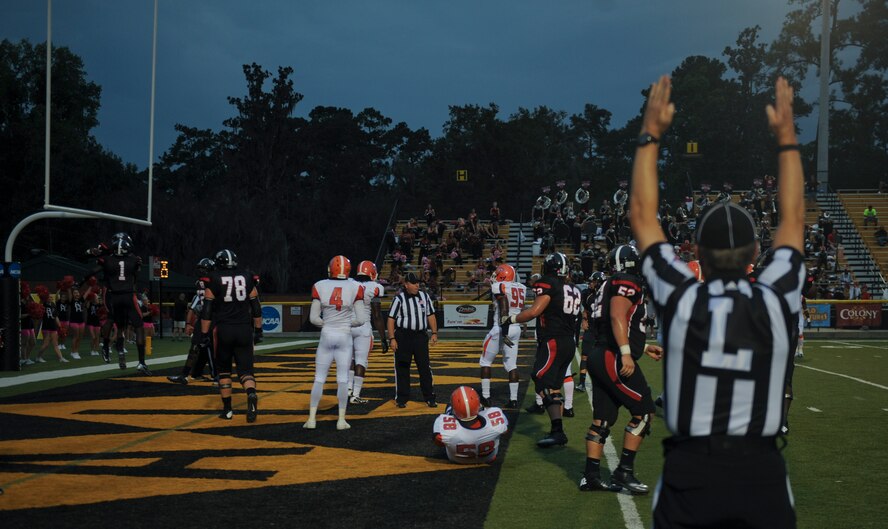 The Valdosta State University Blazers score a touchdown during a game against Edward Waters College Tigers at the Bazemore-Hyder Stadium in Valdosta, Ga., Sept. 29, 2012. The Blazers defeated the Tigers with the winning score of 58-10. (U.S. Air Force photo by Airman 1st Class Olivia Dominique/Released)