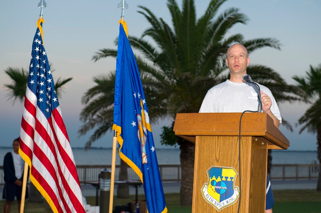 Col. Robert Pavelko, 45th Space Wing vice commander, gives the keynote speech during Patrick Air Force Base's 2012 Sports Week opening ceremonies. (Photo by Matthew Jurgens)
