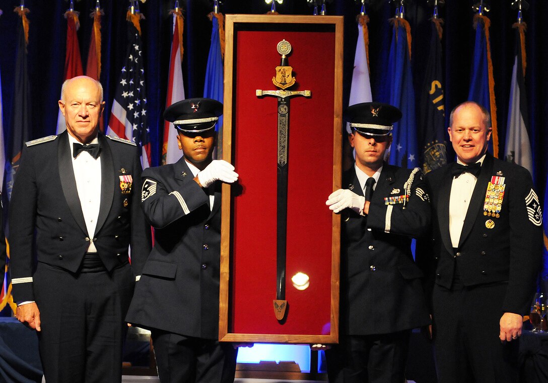 Director of the Air National Guard, Lieutenant General Harry M. "Bud" Wyatt III, was honored by the Air National Guard enlisted corps with the presentation of the "Order of the Sword" which  is the highest award given by the Air Force enlisted force.  Air National Guard enlisted representatives from every state recognized Lt Gen Harry M. Wyatt III for his distinguished career and outstanding achievements as Director of the Air National Guard.  The ceremony took place 28 September 2012, at the Hyatt Regency hotel, in Tulsa, OK.  (Air National Guard photo by Master Sergeant Preston Chasteen/Released)