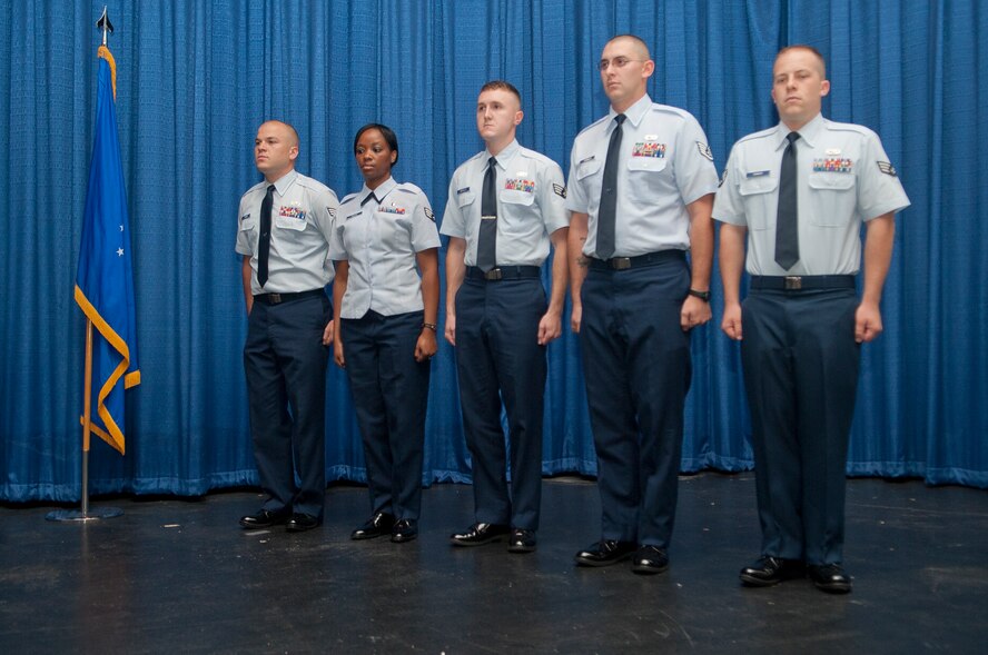 U.S. Air Force Senior Airmen wait for a promotion ceremony to begin at Moody Air Force Base, Ga., Sept. 28, 2012. The ceremony recognized Airmen for being promoted to the NCO tier. (U.S. Air Force photo by Airman 1st Class Paul Francis/Released)
