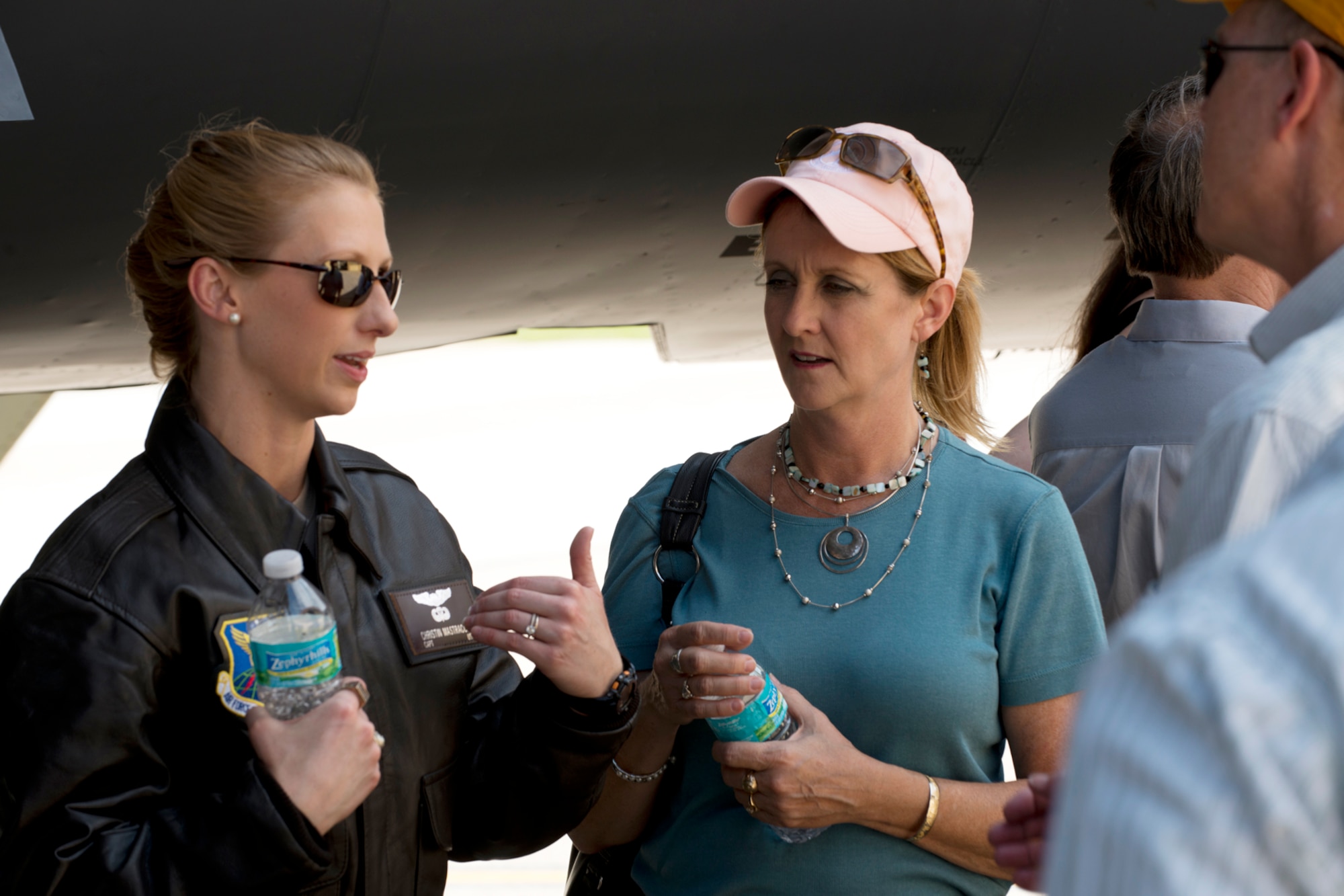 U.S. Air Force Capt. Christin Mastracchio, who was presented the Lindell Mabus Leadership Award, talks to family members about the B-52H Stratofortress following a Graduation ceremony, Sept. 28, 2012, Barksdale Air Force Base, La. Family members of graduating class 12-02 received a tour of a 93rd Bomb Squadron B-52. (U.S. Air Force photo by Master Sgt. Greg Steele/Released)