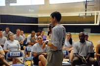 Mark Cucuzzella, a running performance and injury program educator, teaches Joint Base San Antonio-Randolph members about the importance of proper running footwear at the Randolph Fitness Center Sept. 27. Participants learned the importance running mechanics and how wearing proper running footwear improves performance and reduces the likelihood of running injuries.  (U.S. Air Force photo by Rich McFadden) 