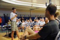 Mark Cucuzzella, a running performance and injury program educator, teaches Joint Base San Antonio-Randolph members about the importance of proper running footwear at the Randolph Fitness Center Sept. 27. Participants learned the importance running mechanics and how wearing proper running footwear improves performance and reduces the likelihood of running injuries.  (U.S. Air Force photo by Rich McFadden) 