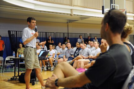 Mark Cucuzzella, a running performance and injury program educator, teaches Joint Base San Antonio-Randolph members about the importance of proper running footwear at the Randolph Fitness Center Sept. 27. Participants learned the importance running mechanics and how wearing proper running footwear improves performance and reduces the likelihood of running injuries.  (U.S. Air Force photo by Rich McFadden) 