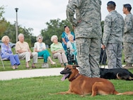 Ccharles and Ttroy, 902nd Security Forces Squadron military working dogs,and their handlers perform a demonstration of capabilities for members of The Forum at Lincoln Heights, a local retirement community, at Joint Base San Antonio-Randolph Sept. 27. (U.S. Air Force photo by Benjamin Faske)