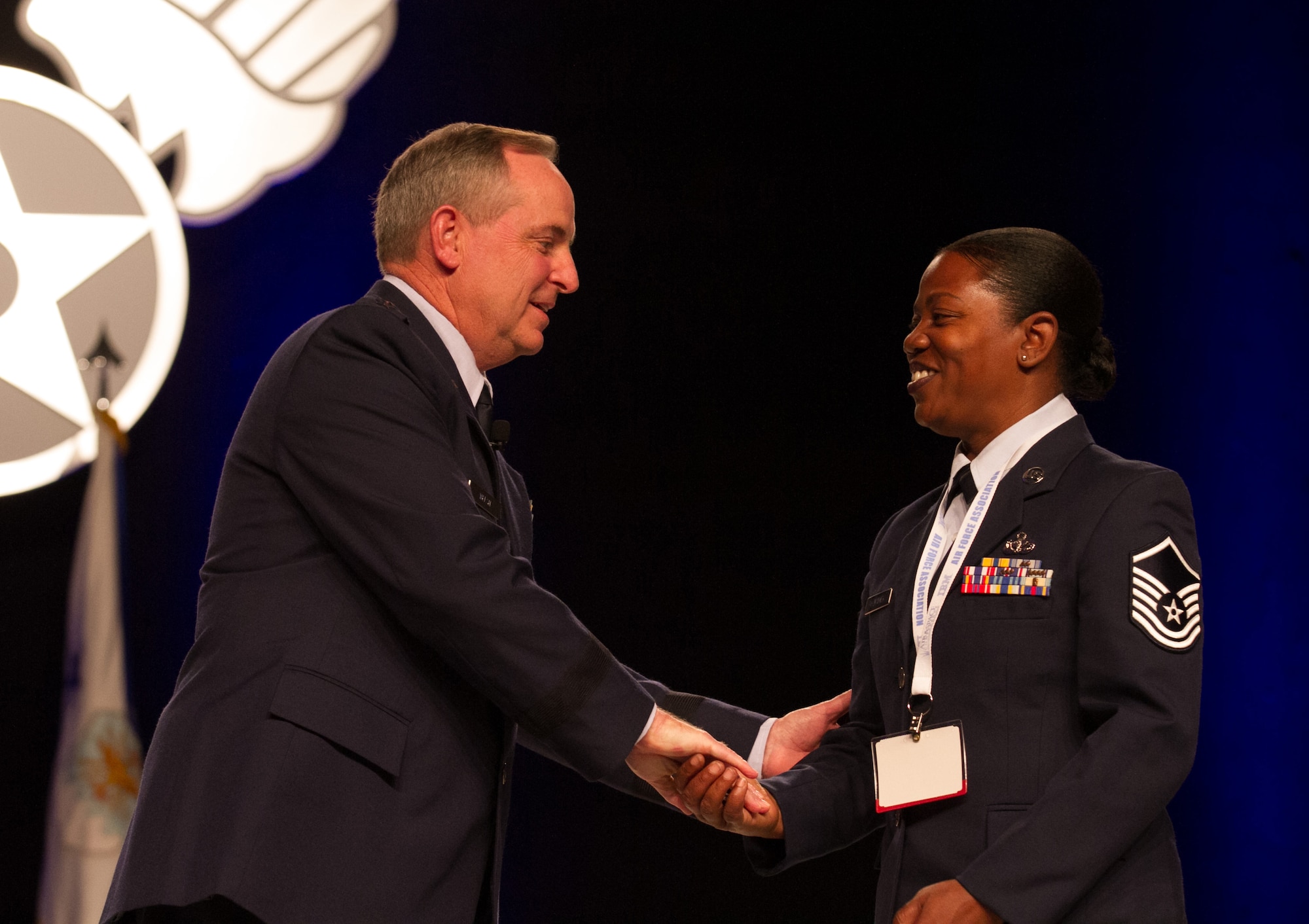 Gen. Mark A. Welsh III, Air Force Chief of Staff, recognizes Master Sgt. Antoinette Worthey, Air Force Mortuary Affairs Operations, during his speech at the Air Force Association conference Sept. 18, 2012. Welsh met Worthey during a recent tour of the Charles C. Carson Center for Mortuary Affairs, Dover Air Force Base, Del. (Courtesy photo)