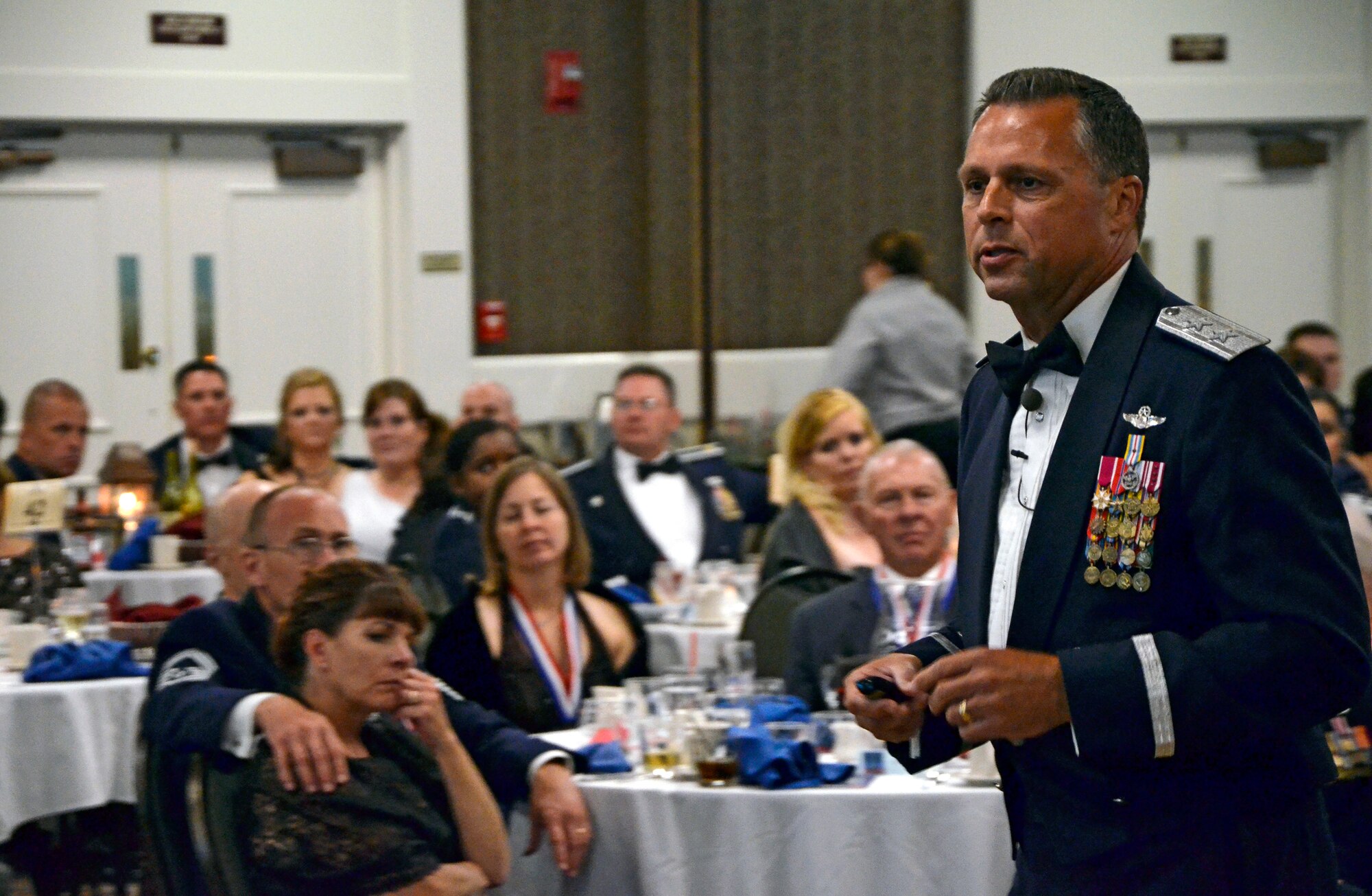 Maj. Gen. Scott Hanson addresses those in attendance at the 2012 Air Force Ball in Spokane, Wash., Sept. 23, 2012. In addition to serving as the ball’s guest speaker, Hanson visited with Airmen at Fairchild Air Force Base. He was also the 92nd Air Refueling Wing commander from 2005-2007. The general is currently the Air War College commandant at Maxwell Air Force Base, Ala. (U.S. Air Force photo by Senior Airman Benjamin Stratton)