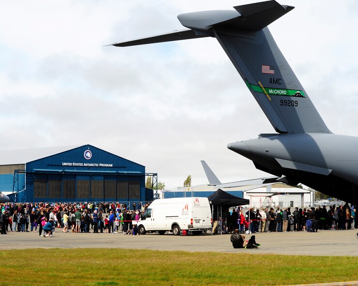 People line up to take a tour of a C-17 Globemaster III aircraft, Sept. 29, 2012 at Christchurch International Airport, New Zealand. The plane, deployed from Joint Base Lewis-McChord, accomodated more than 10,000 visitors from the Christchurch area as part of the city's IceFest event. (U.S. Air Force photo/Staff Sgt. Sean Tobin)