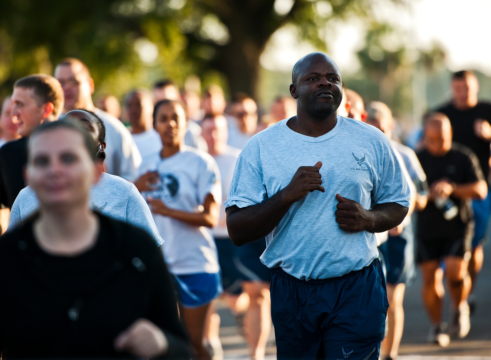 More than 200 Team Eglin members turned out to run and show support for the the first-ever Wounded Warrior 5K run at Eglin Air Force Base, Fla., Sept. 28.  The run was to support Leonard Anderson, a former 96th Security Forces Squadron K-9 handler, after he was wounded during a deployment to Afghanistan. (U.S. Air Force photo/Samuel King Jr.)