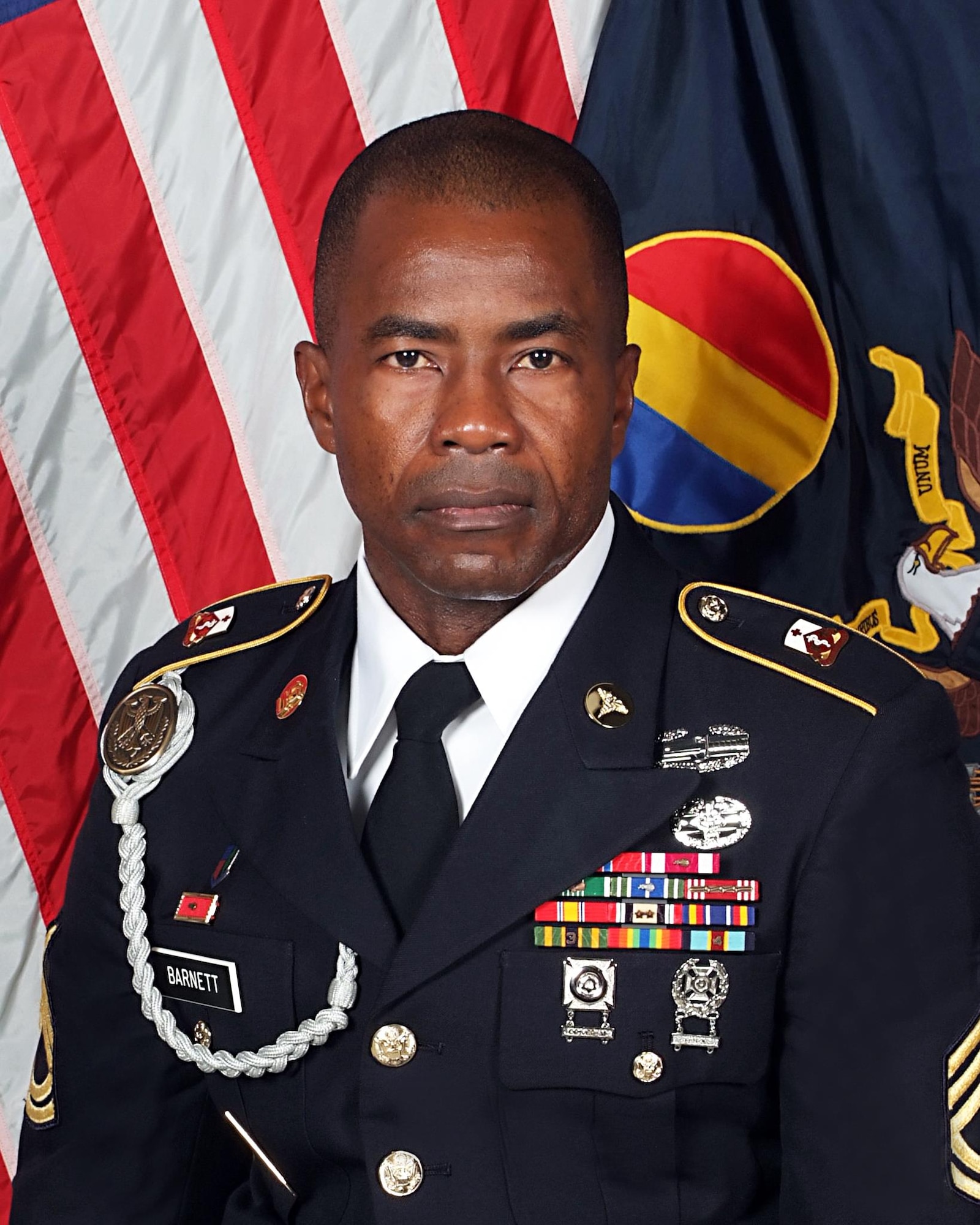 U.S. Army Sgt. 1st Class Delroy Barnett, pictured here in an official portrait, earned the Army's 2012 Advanced Individual Training Platoon Sergeant of the Year award following a week-long competition at Fort Eustis, Va., Sept. 28, 2012. Barnett, assigned to the 32nd Medical Brigade at Fort Sam Houston, Texas, was selected from a field of nine platoon sergeants representing each center of excellence in the force. (Courtesy photo)
