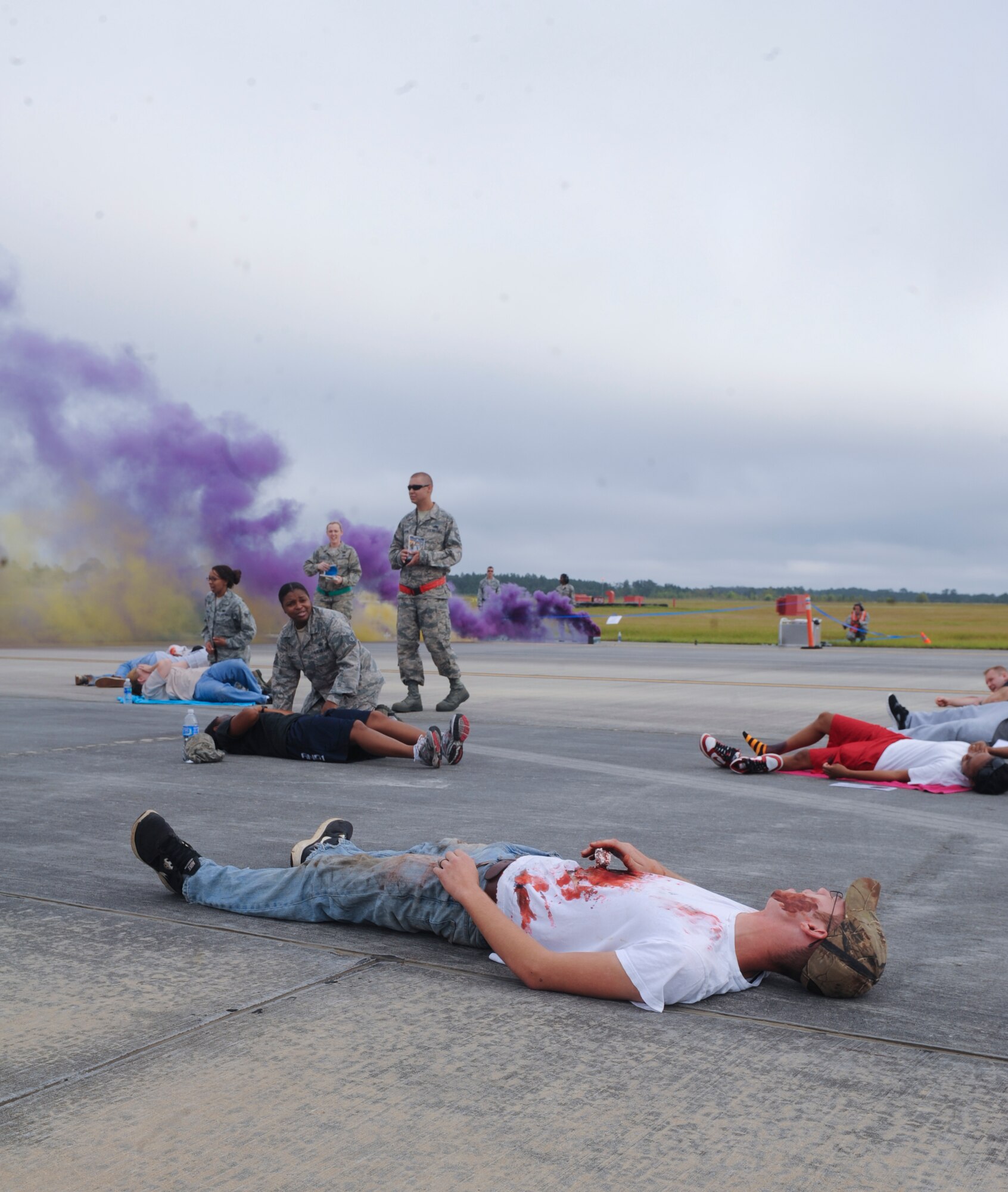 Moulage victims lay on the ground during a major accident response exercise at Moody Air Force Base, Ga., Sept. 27, 2012. These exercises are conducted to ensure that first responders are prepared to react to an accident or emergency. (U.S. Air Force photo by Airman 1st Class Olivia Dominique/Released)