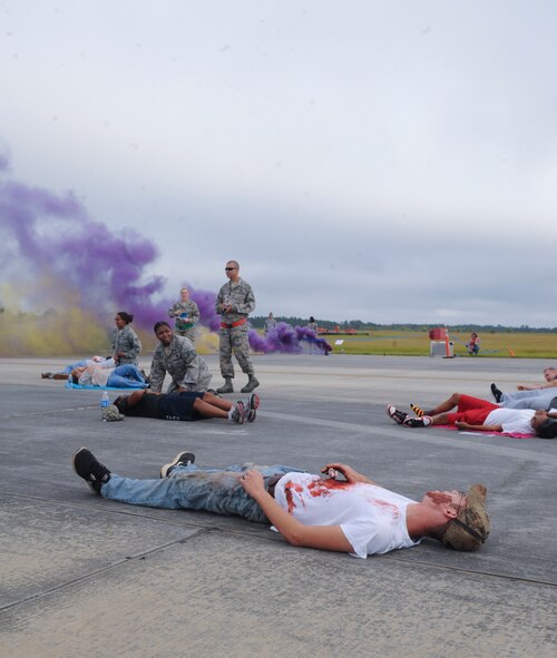 Moulage victims lay on the ground during a major accident response exercise at Moody Air Force Base, Ga., Sept. 27, 2012. These exercises are conducted to ensure that first responders are prepared to react to an accident or emergency. (U.S. Air Force photo by Airman 1st Class Olivia Dominique/Released)