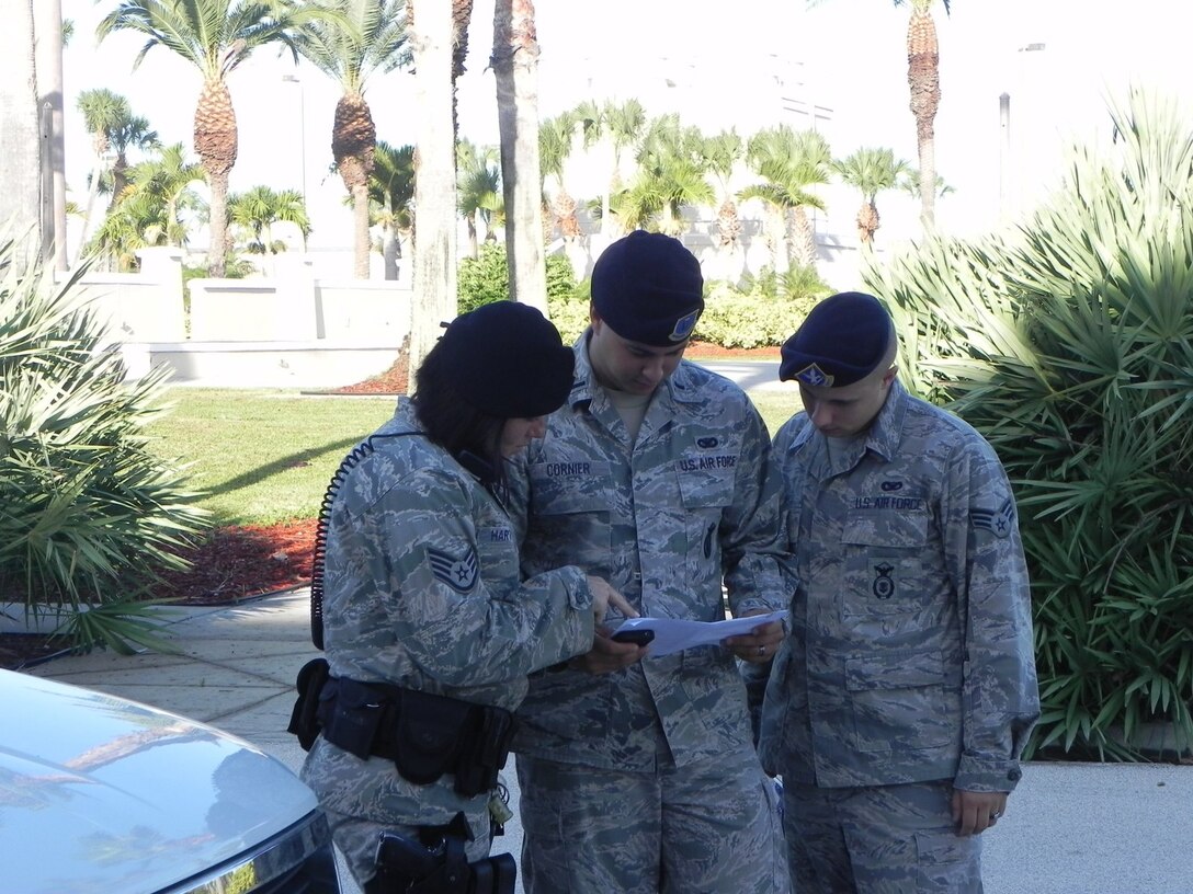 The 45th Space Wing recently completed an exercise designed to  exercise and evaluate the 45th Space Wing Antiterrorism Plan along with supporting plans, annexes, checklists, and procedures.  Members of the wing's Security Force's Squadron discuss exercise inputs.