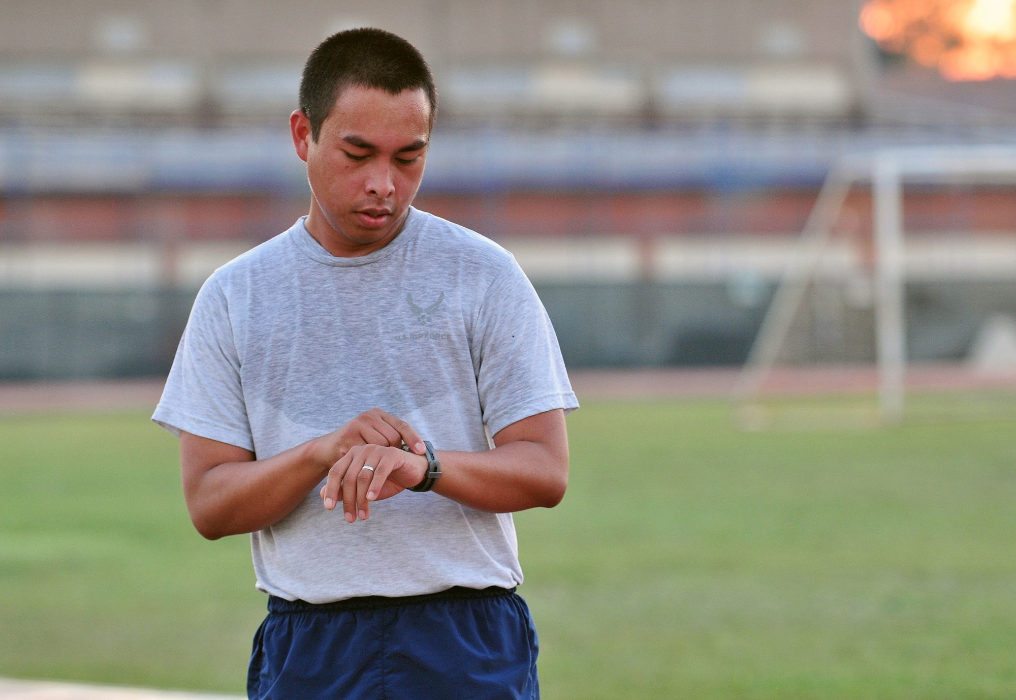 Staff Sgt. Norman Cabrera, 39th Logistics Readiness Squadron, checks his heart rate monitor after completing an interval during the running improvement program Sept. 28, 2012, at Incirlik Air Base, Turkey. The class is designed to help Airmen who  scored lower than 45 points on the cardiovascular portion of their fitness assessment tests improve their run time. (U.S. Air Force photo by Senior Airman Daniel Phelps/ Released)
