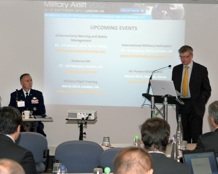 Maj. Gen. William Bender, U.S. Air Force Expeditionary Center commander, addresses representatives from NATO and the U.S. at a conference in London, Sept. 26, 2012. Key topics of discussion focused on ways to more effectively conduct military airlift operations. The general elaborated on the future of the C-130J Super-Hercules program, the KC-46 fleet and how NATO and the U.S. could ill afford to throw teamwork by the wayside. Additionally, Bender made a site visit to RAF Mildenhall’s 727th Air Mobility Squadron, a tenant unit there under his chain of command. (U.S. Air Force photo/2nd Lt Christopher Mesnard)