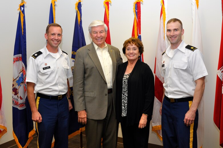 (Left to right) Lt. Col. James A. DeLapp, U.S. Army Corps of Engineers Nashville District commander; Retired Col. Robert “Bob” Tener, Nashville District commander 1977-1980; Ann Tener; and Maj. Patrick Dagon, deputy commander, pose together Sept. 28, 2012 during the Tener’s visit from Claremont, Calif.  (USACE photo by Fred Tucker)
