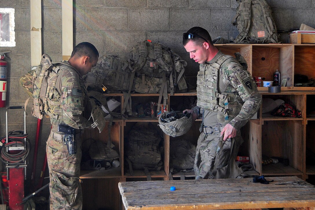 U.S. Army Spcs. Ryan Langton, left, and James Morris prepare to depart Forward Operating Base Farah on a mission to Farah City in Afghanistan's Farah province, Sept. 27, 2012. Langton and Morris are assigned to Provincial Reconstruction Team Farah.