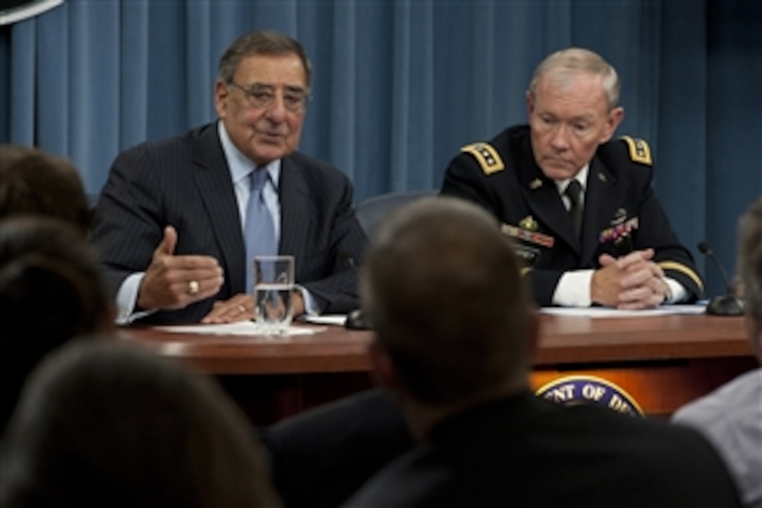 Secretary of Defense Leon E. Panetta and Chairman of the Joint Chiefs of Staff Gen. Martin E. Dempsey brief the press in the Pentagon on Sept. 25, 2012.  