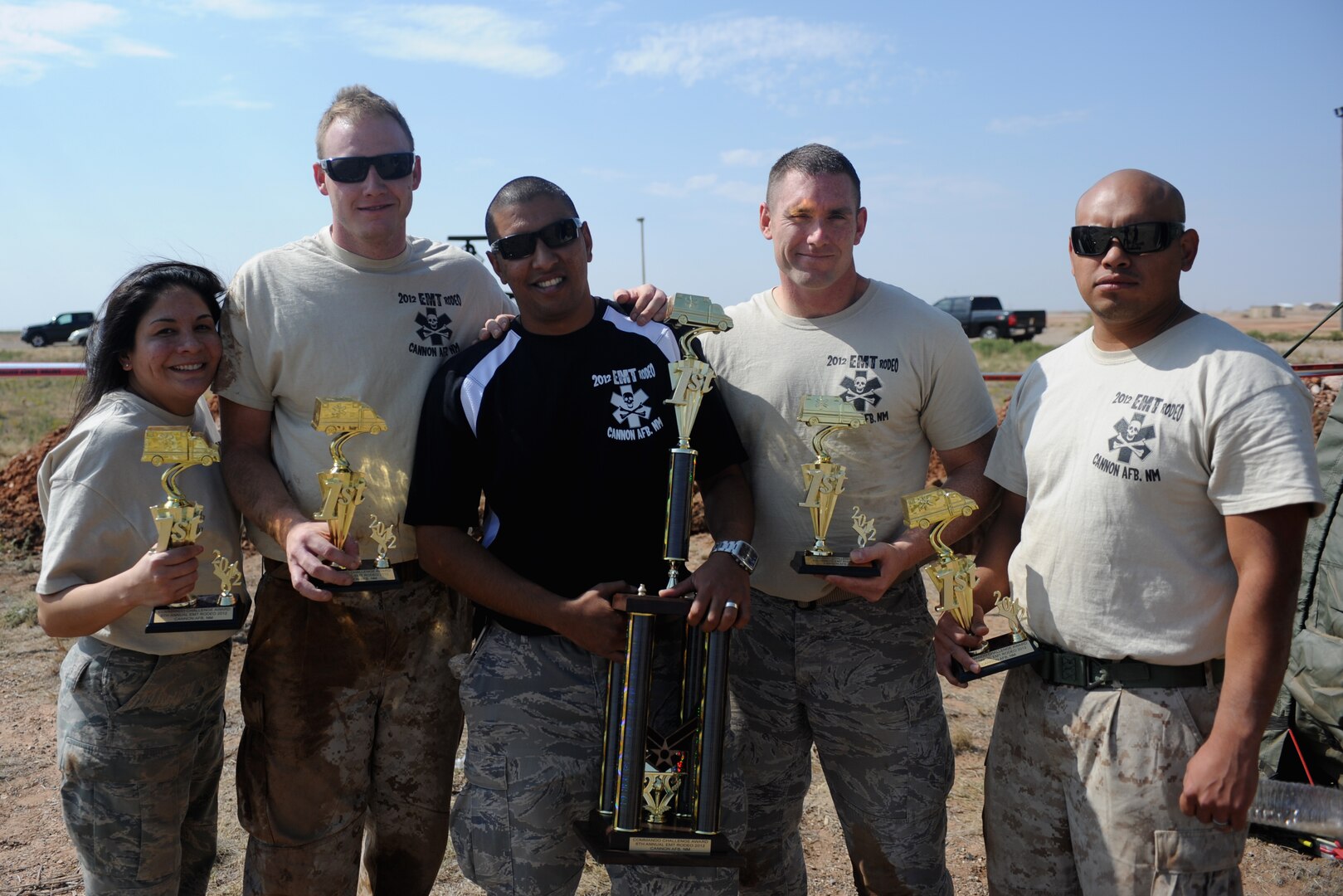 First place winners of the 2012 Emergency Medical Technician Rodeo was a team from the Medical Education and Training Campus at Fort Sam Houston in San Antonio, Texas: (left to right) Tech. Sgt. Gonzalez, Hospital Corpsman Second Class Leemauk, Staff Sgt. Rangel, Staff Sgt. Wolfe, Hospital Corpsman First Class Rodriguez. (U.S. Air Force photo/Airman 1st Class Xavier Lockley)