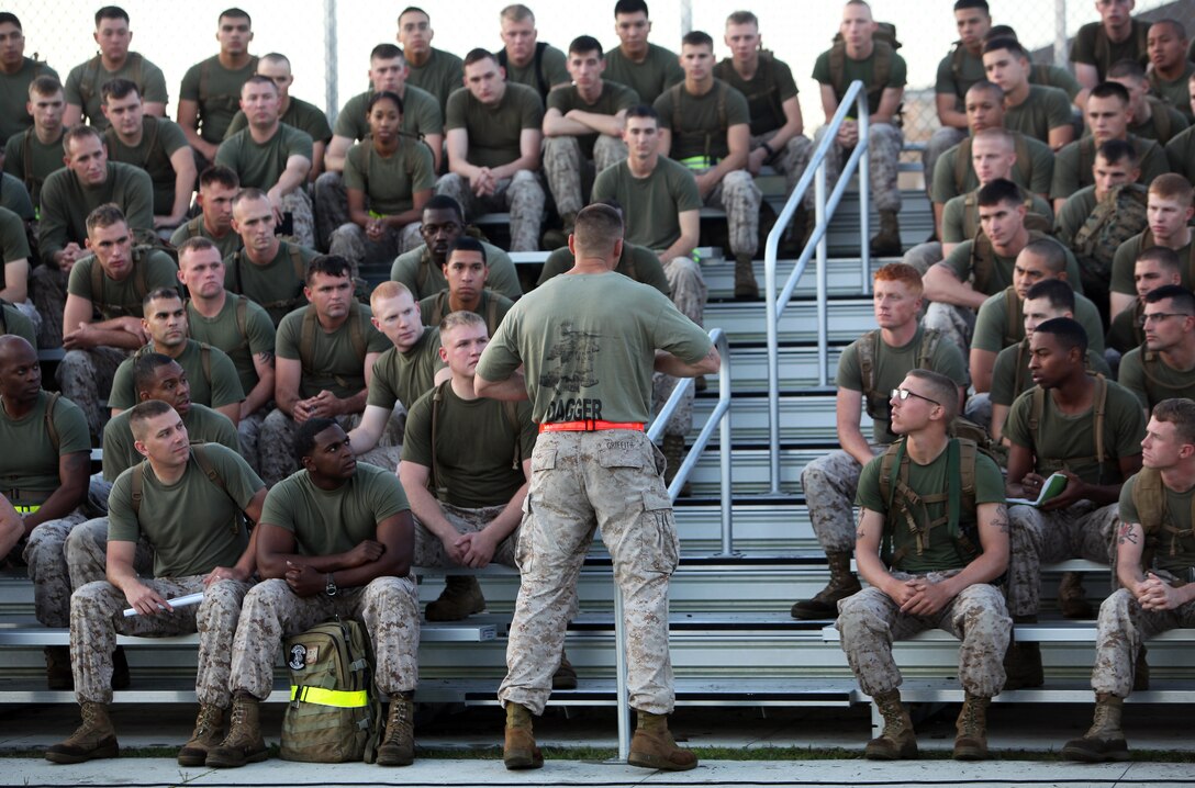Sgt. Maj. Roger F. Griffith, the sergeant major of Combat Logistics Battalion 6, 2nd Marine Logistics Group, talks to the battalion’s Marines before kicking off a physical training competition aboard Camp Lejeune, N.C., Sept. 27, 2012.  During the event, the Marines completed several obstacles as a team and competed for the best time. 