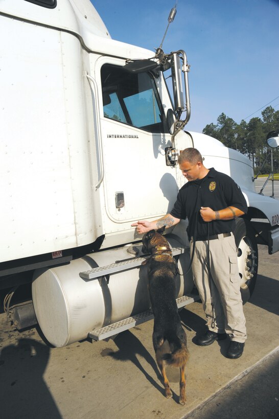 Cpl. Chris Gurr, civilian police working dog handler, instructs his canine partner, Barros, to check an 18-wheeler for narcotics at Marine Corps Logistics Base Albany’s commercial gate, Friday.

