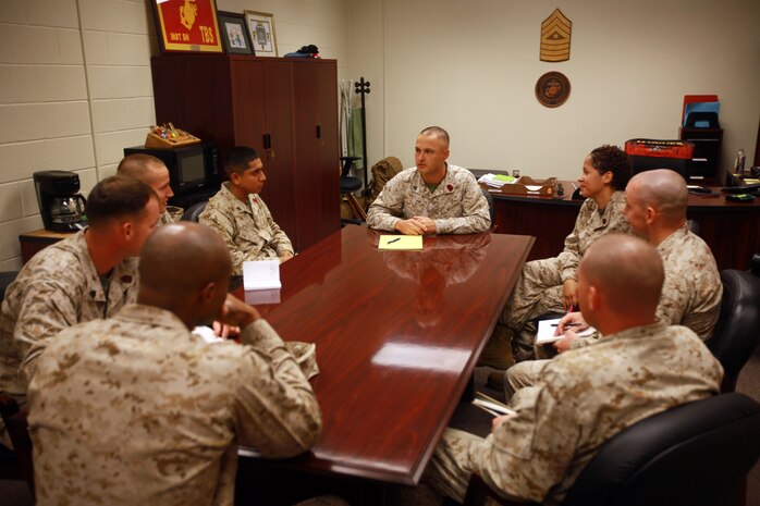 Sgt. Jeffery R. Keller, the battalion legal chief for 2nd Maintenance Battalion, Combat Logistics Regiment 25, 2nd Marine Logistics Group, conducts a meeting while he serves as the acting battalion sergeant major during the One Bullet Away Day aboard Camp Lejeune, N.C., Sept. 20, 2012. The Piscataway, N.J., native was one of the noncommissioned officers that were selected to be put in command billets for the day as the staff noncommissioned officers and commissioned officers took the day off to golf and build senior leadership cohesion. 