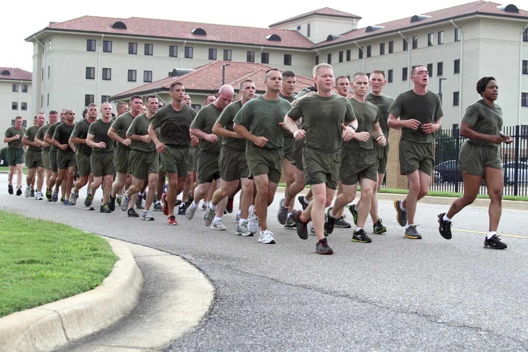 Marines with Recruiting Station Montgomery complete a three-mile motivation run during all-hands training aboard Maxwell Air Force Base August 17, 2012. Recruiting Station Montgomery regularly has training each month.