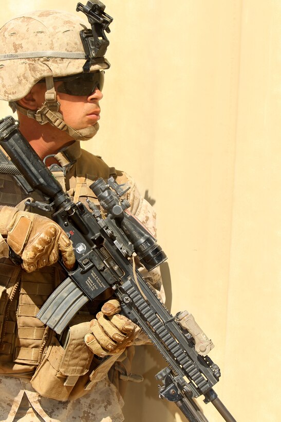 Pfc. Allen Austin, infantryman, 2nd Platoon, Company A, provides 1st Battalion, 3rd Marine Regiment, during the Clear, Hold, Build-4 portion of Enhanced Mojave Viper at Range 215 Sept. 25, 2012.