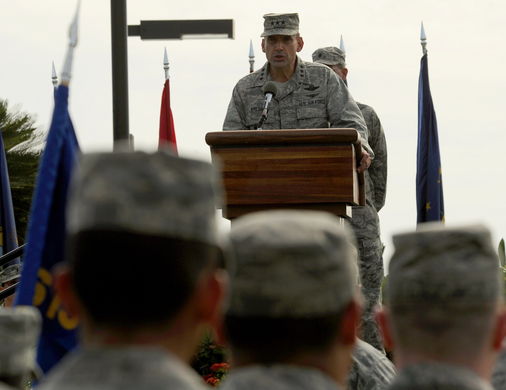 Lt. Gen. Stanley T. Kresge, former 13th Air Force commander, delivers a speech during the 13th Air Force inactivation ceremony Sept. 28, 2012, at Joint Base Pearl Harbor-Hickam, Hawaii. The 13th Air Force was PACOM’s operational component headquarters and has been consolidated into Pacific Air Forces at JBPH-Hickam, Hawaii. (U.S. Air Force photo/Tech. Sgt. Matthew McGovern) 
