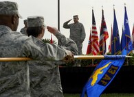 Lt. Gen. Stanley T. Kresge, renders his final salute as the commander of 13th Air Force during the 13th Air Force inactivation ceremony Sept. 28, 2012, at Joint Base Pearl Harbor-Hickam, Hawaii. Kresge has been selected to serve as the vice commander of Pacific Air Forces, JBPH-Hickam. The 13th Air Force inactivated after seventy years of continuous service in the Pacific region. (U.S. Air Force photo/Tech. Sgt. Matthew McGovern)
