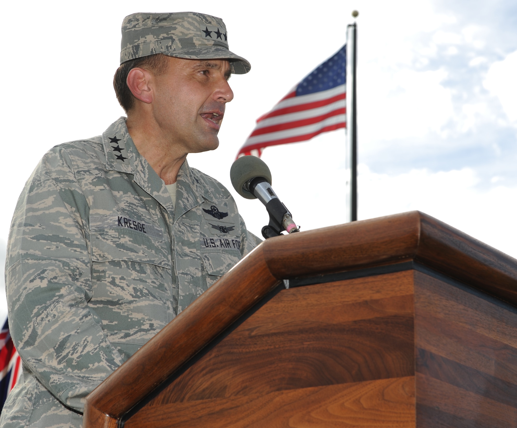 Lt. Gen. Stanley T. Kresge, former 13th Air Force commander, delivers a speech during the 13th Air Force inactivation ceremony Sept. 28, 2012, at Joint Base Pearl Harbor-Hickam, Hawaii. (U.S. Air Force photo/Staff Sgt. Nathan Allen)