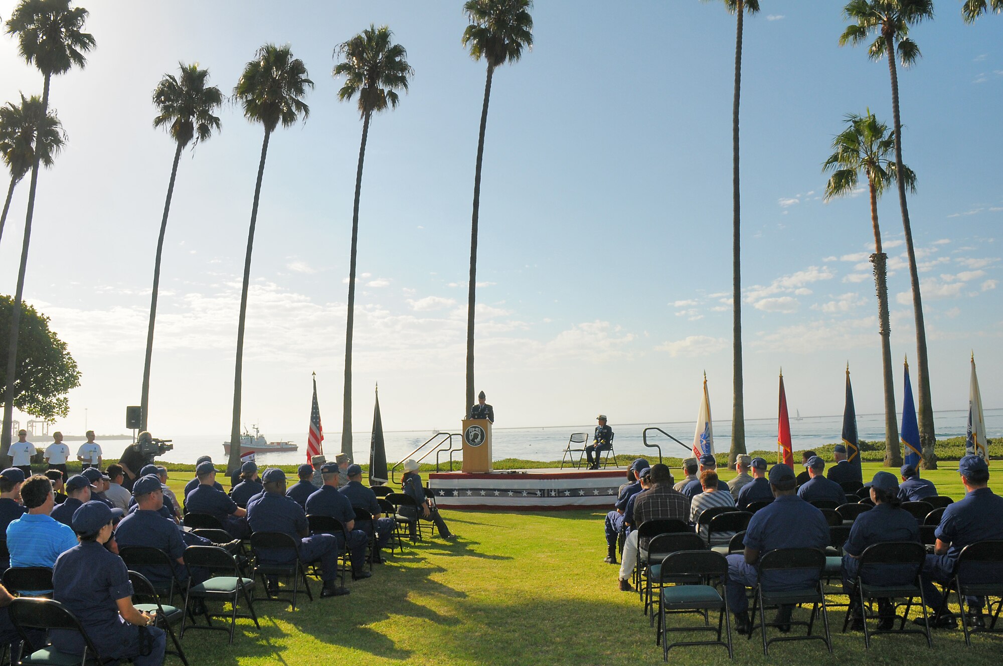 Colonel Bernard Gruber, Global Positioning Systems director, speaks at the kick-off ceremony for the POW-MIA Day torch run, Sept. 20.  The relay began on Terminal Island at the Coast Guard base, crossed the Vincent Thomas Bridge and continued up the coast to El Segundo and Los Angeles AFB. (Photo by Joe Juarez)