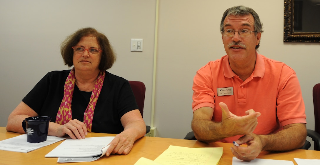 Laurel Marshall, Sentinel Federal Credit Union executive administrator, and Matthew Gluhosky, SFCU vice president of lending, speak to Airmen about establishing a holiday budget during a “How to Take Control of Your Holiday Spending” class in the Airman and Family Readiness Center classroom at Ellsworth Air Force Base, S.D., Sept. 26, 2012. Participants had an opportunity to learn how to better manage their holiday finances without accumulating unnecessary debt. (U.S. Air Force photo by Airman 1st Class Hrair H. Palyan/Released)