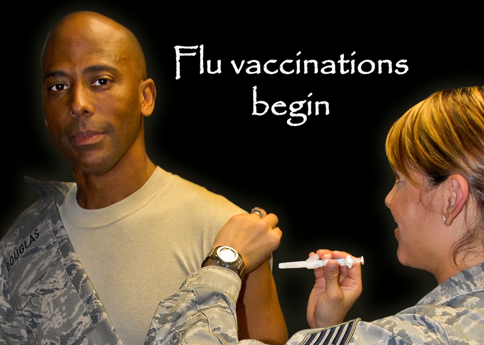 Col. Tony Douglas, the 96th Test Wing installation vice-commander, receives his influenza vaccine from Tech. Sgt. Georgina Baldwin, of the 96th Medical Operations Squadron, at Eglin Air Force Base, Fla. Oct. 2. The flu shots were administered as part of the 2012/2013 influenza campaign.  (U.S. Air Force photo/Kevin Gaddie) (Illustration/Randy Gon)