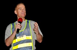 U.S. Army Maj. Gen. Bradley May, senior commander of Army Element Eustis and deputy commanding general of Initial Military Training, speaks to Soldiers in the pre-dawn hours prior to the post's suicide prevention awareness stand-down events at Fort Eustis, Va., Sept. 27, 2012. May thanked Soldiers for their willingness to put themselves in harm's way in defense of the nation, and encouraged them to seek help to combat post-traumatic stress disorder and thoughts of suicide. (U.S. Air Force photo by Staff Sgt. Wesley Farnsworth/Released)